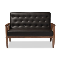 Baxton Studio BBT8013-Brown Loveseat Sorrento Mid-century Retro Brown Leather Wooden 2-seater Loveseat